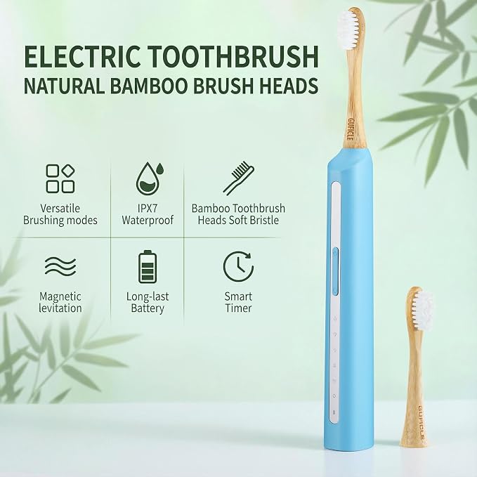Sonic Electric Toothbrush with Bamboo Heads, Light Blue | Bamboo Electric Toothbrush, Soft Castor Oil Bristles, Smart Timer, 40000 VPM, 5 Modes, IPX7 Waterproof, 45-Day Battery Life