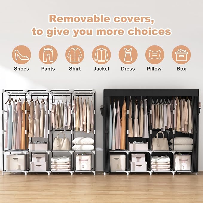 VTRIN Portable Closet for Hanging Clothes 67 Inch Wide Large Capacity Portable Wardrobe Closet with Cover, 4 Storage Shelves and 4 Hanging Rod Sturdy Free Standing Closet for Bedroom, Black