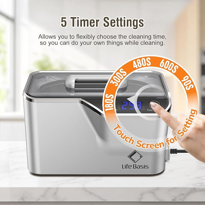 LifeBasis Ultrasonic Cleaner, Professional 45kHz Ultrasonic Jewelry Cleaner 20 Ounces (600ML) with Digital Timer, Watch Holder Ultrasonic Glasses Cleaner for Rings, Coins, Watches, Dentures, Silver