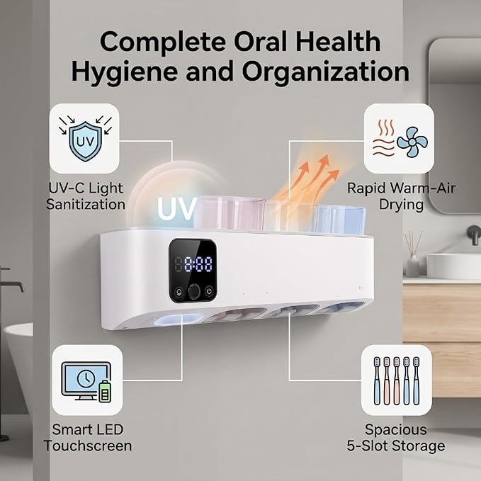Pomya Toothbrush Sanitizer Holder Wall Mounted, Rechargeable Electric Toothbrush Holder with LED Display, UVC Cleaner and Dryer, 5 Slot Organizer with Cups for