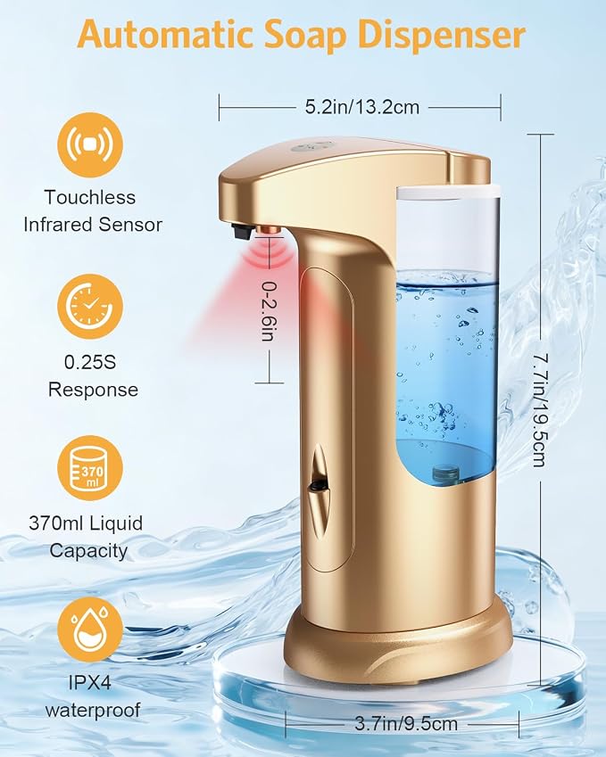 Automatic Soap Dispenser, 2 Pack Touchless Liquid Soap Dispensers, 370ml Battery Operated Hand & Dish Soap Dispenser with Infrared Sensor, 3 Dispensing Levels for Kitchen Bathroom, Gold