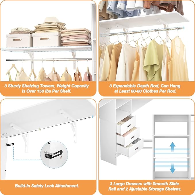Armocity 96" Wood Closet System with 3 Enclosed Drawers & 3 Solid Shelves, 8FT Adjustable Closet Organizers and Storage, Heavy Duty Modular Wardrobe for Reach-In & Walk-In, 1000 LBS Load, White