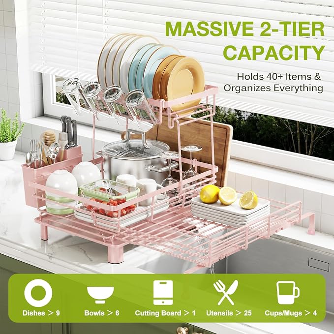 2-Tier Expandable Dish Drying Rack, Kitchen Counter Pink | Large Capacity Kitchen Organization, Heavy-Duty Carbon Steel, Swivel Drain Spout, Cup Hooks & Utensil Holder