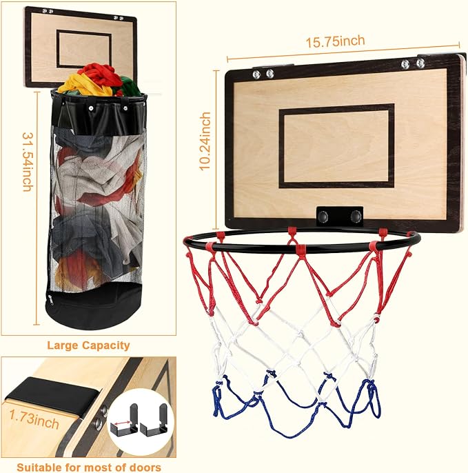 Over the Door Basketball Laundry Basket, 2-in-1 Wooden Basketball Hoop Laundry Hamper, Space Saving Hanging Organizer for Kids, Dirty Clothes Storage with Zipper for Kids Room, Dorm, Bedroom, Bathroom