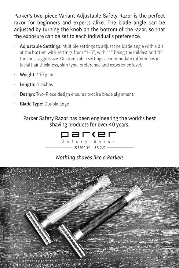Parker THE VARIANT CLOSED COMB - ADJUSTABLE Double Edge Safety Razor, Customize your Shave with a Turn of the Dial from Mild to Aggressive - 5 Blades Included (SATIN CHROME) | Closed-Comb Head And Five Adjustable Settings Let Users Customize Comfort An...