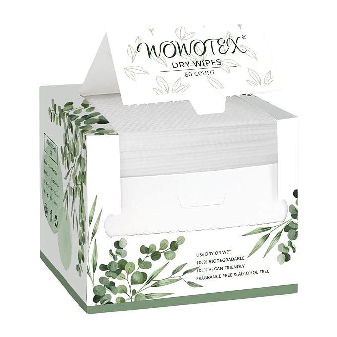 WOWOTEX Disposable Face Towel Biodegradable Large Dry Wipes 60 Count/Box Extra Thick Soft Clean Facial Towels for Sensitive Skin, Makeup Removing, Cleansing, Nursing, Travel, 10×12 Inches
