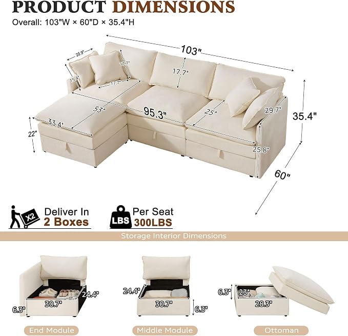 Ihanherry 103" Modular Sectional Sofa with Storage, L Shaped Cloud Couch with Movable Ottomans & 4 Pillows, Chenille Deep Seat Sectional Couches for Living Room, Apartment (Beige)