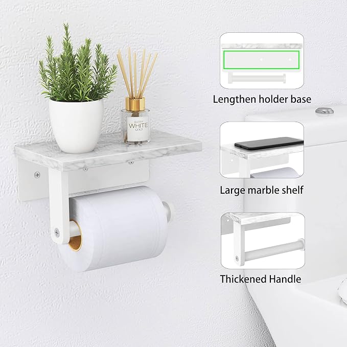 Gypie Toilet Paper Holder with Natural Marble Shelf, 304 Stainless Steel Screw Wall Mounted, Tissue Roll Paper Holder Dispenser for Bathroom Washroom White