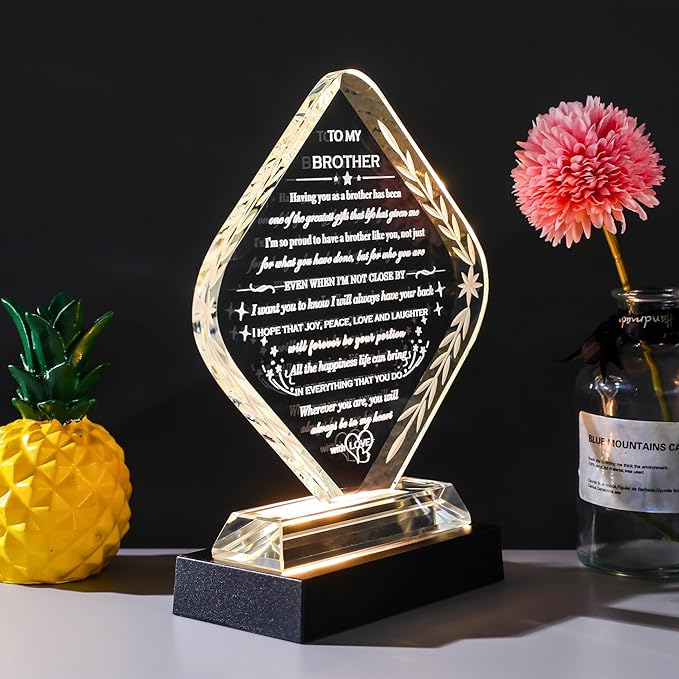 Meaningful Gifts for Brother with Light Base Brother Birthday Gifts from Sisters Brothers Laser Engraved Crystal Keepsake for Fathers Day Christmas Graduation Best Gift for Brother Adult