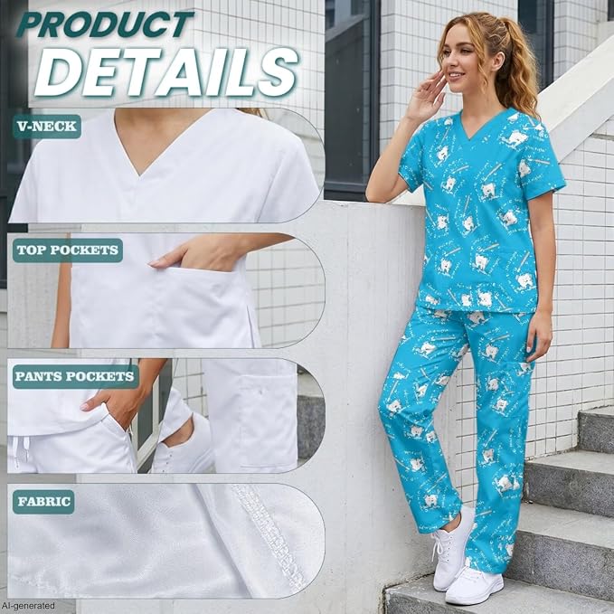 Gomyblomy Women's Scrubs Suit 3-Piece Set | Teeth Print V-Neck Top & Pants & Cap, Breathable and Stretch Fabric, S-5XL