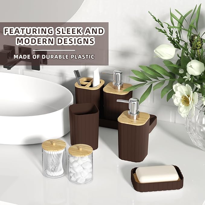 XLHOMO Bathroom Accessories Set - 25PC Brown Bathroom Set, Bathroom Set with Shower Curtain and Rugs, Brown Shower Curtain Set, Toilet Brush, Bathroom Trash Can