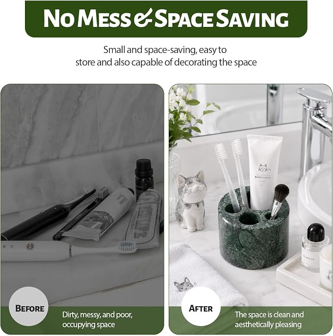 BCS Toothbrush Holder for Bathrooms, Cute 4 Slots Marble Toothbrush and Toothpaste Holder Stand Bathroom Organizer Countertop for Electric Toothbrush, Floss, Razor, Comb - Indian Green