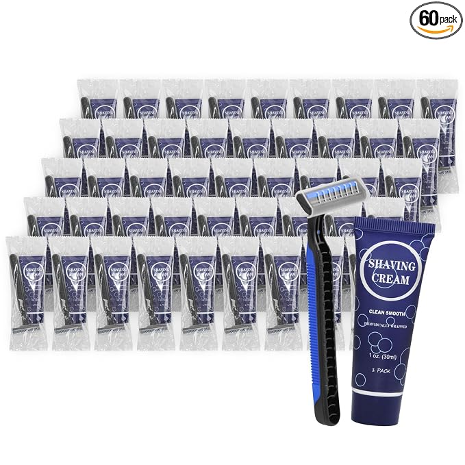 Shaving Razor Set, Disposable Individually Wrapped Manual Twin Blade Razors in Bulk Smooth Shaving Razors with Mini Shaving Cream Toiletries for Hotel Charity Camping Travel Homeless 1oz (Pack of 60)