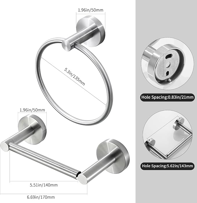 Brushed Nickel Toilet Paper Holder Towel Ring, Hand Towel Holder and Toilet Roll Holder Double Post Pivoting Bathroom Accessories Wall Mounted Bathroom Hardware Set Stainless Steel, 2 Pieces