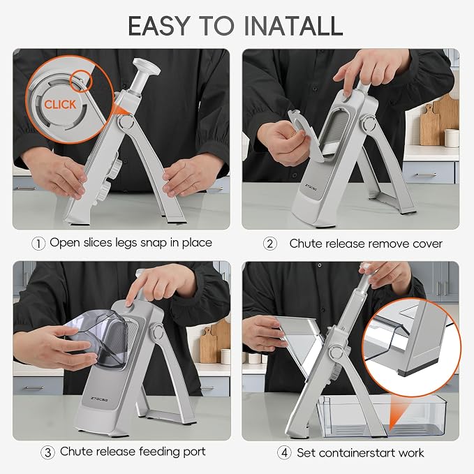[All in 1] Vegetable Slicer with Adjustable Thickness, Easy to Clean Potato Mandoline Slicer with Container, Rapid Prep Veggie Cutter/Onion Slicer, Free Grater/Cleaning Brush (SliverGray)