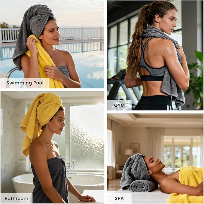 SEMAXE Bath Towel Set, 12 Piece Cotton Towel Set for Bathroom, More Towels for Family Use, Quick Dry with Hanging Loops, Easy Care, Yellow & Gray