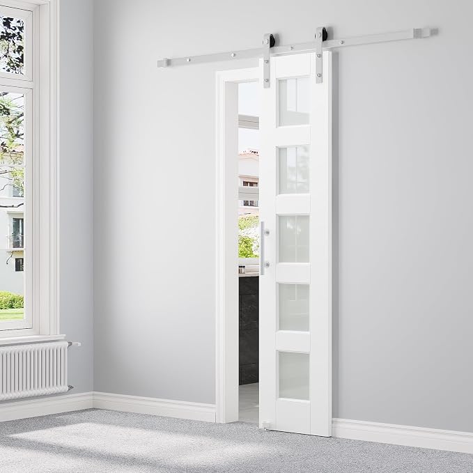 18" x 80" Pre-Assembled Barn Door and 6FT Sliding Door Hardware Kit Included & Handle, 5-Lite Frosted Glass White Sliding Barn Door for Closet Bathroom Bedroom, Solid & Water-Resistant MDF, Paintable