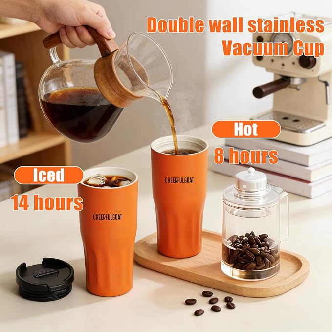 CHEERFUL GOAT Ceramic Lined Coffee Travel Mug – Stainless Steel Travel Coffee Tumbler with Ceramic Liner, with lid, 21 OZ Cup for Hot and Cold Water Coffee at Home, Office, or On the Go (Orange)
