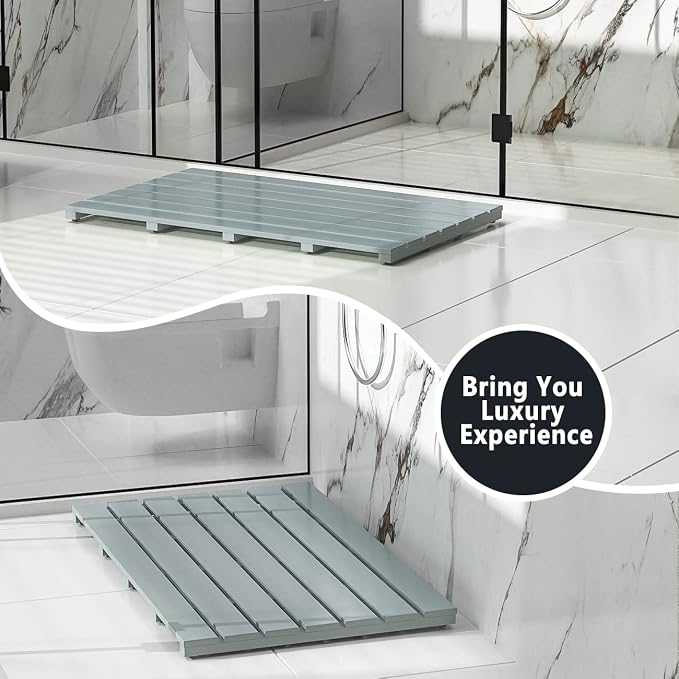 Bamboo Wooden Bath Floor Mat for Luxury Shower - Non-Slip Bathroom Waterproof Carpet for Indoor or Outdoor Use (Bluish Grey,31.3 x 18.1 x 1.5 Inches)