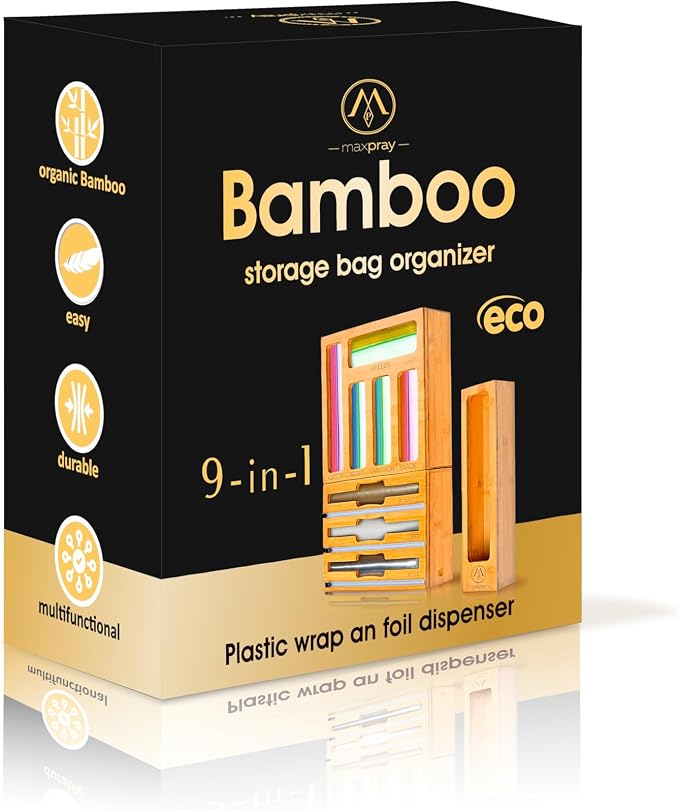 9 in 1 Bamboo Drawer Organizer for Kitchen — Zip Top Bag, Foil and Plastic Wrap Storage with Chalkboard Labels, Fits Gallon Quart Sandwich Snack Bags, Pantry Organization