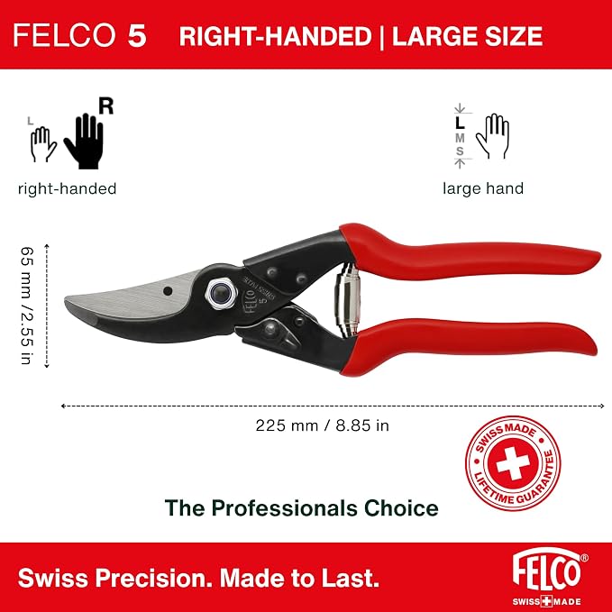 Felco F5 Pruning Shears – 8.9" All Steel Large Swiss-Made Garden Clippers| Hand Pruners for Garden & Landscape | Garden Tool Cutter with Precision Bypass Blade, Forged Aluminum Body, Replaceable Parts