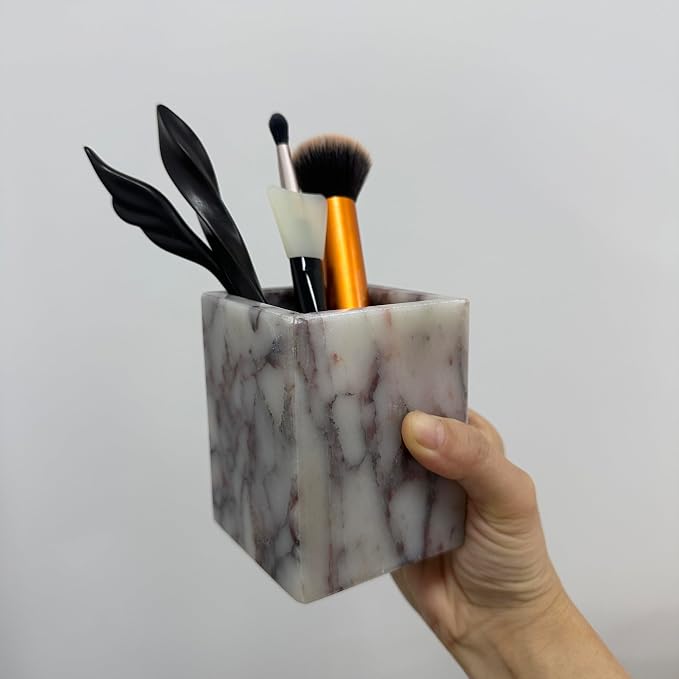 Natural Calacatta Viola Marble Pen Holder, Luxury Square Organizer Cup, Multi-Use Hand-Polished Storage for Desk, Bathroom Vanity, Kitchen Utensils & Makeup Brushes, 2.95” x 3.74”