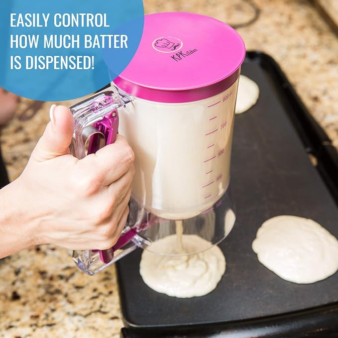 KPKitchen Pancake & Cupcake Batter Dispenser and Stainless Steel Measuring Cups and Spoons Set of 14 - Perfect for Waffles, Cakes, Crepes or Any Baked Goods - 7 Cup and 7 Spoon Metal Measure Sets
