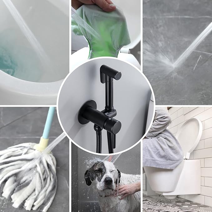 SHAMANDA Wall Mounted Bidet Sprayer Set, Stainless Steel Round Handheld Bidet Attachment, Matte Black, BDS09-7