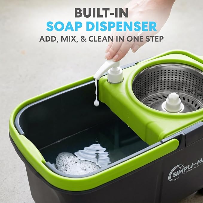 Simpli-Magic 360° Spin Mop and Bucket with Wringer – 3 High-Absorbent Microfiber Washable Heads, Soap Dispenser – Spinning Mop and Bucket Set for All Types Floor Cleaning