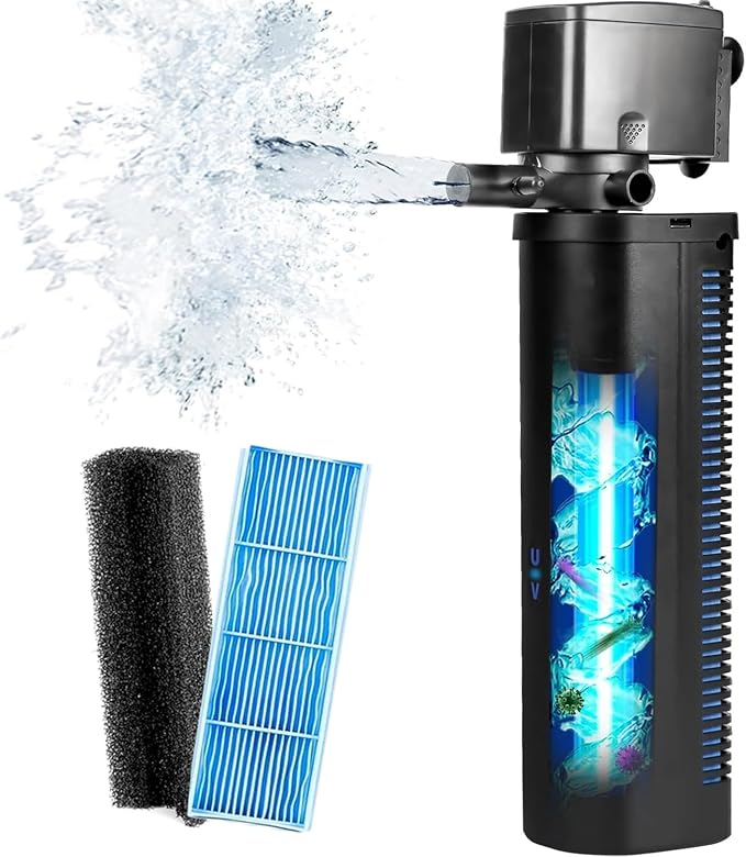 TARARIUM U-V Aquarium Filter for 75-200Gal Fish Tank Pond Pool, Dual Outlet | 2 Media Options Available + U-V, Green Killing, Internal Filter, Aeration, Deodorization, Saltwater Freshwater Clear, 423GPH