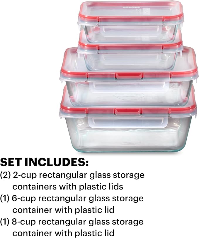 Pyrex Freshlock (4-Pack) Mixed Sized Glass Food Storage Containers Set, Airtight & Leakproof Plastic Locking Lids BPA-Free, Meal Prep Containers Set, Freezer Dishwasher Microwave Safe