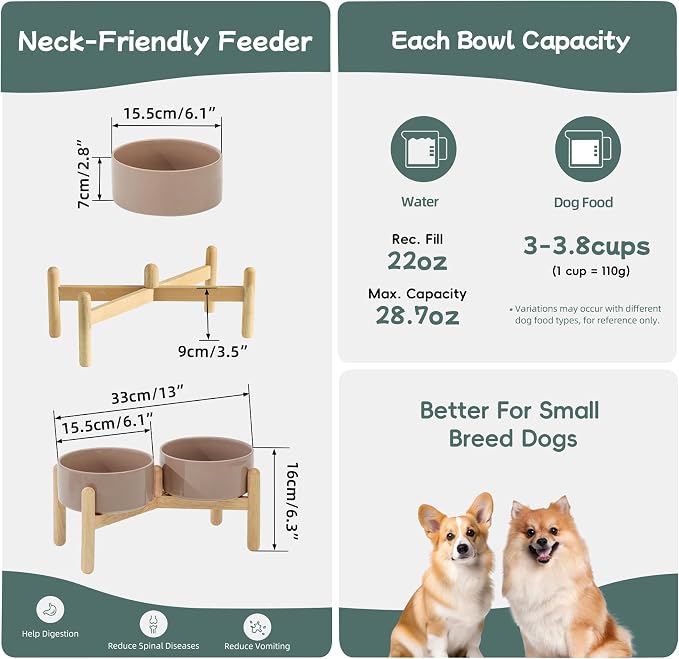 Havniva Elevated Dog Bowls Ceramic Dog Bowls with Stand, Dog Food Bowl | 6.1” Raised Dog Bowls with Non-Slip Wood Stand, Dog Food and Water Bowl Set, Double Dog Feeding Bowls for Small & Medium Dogs