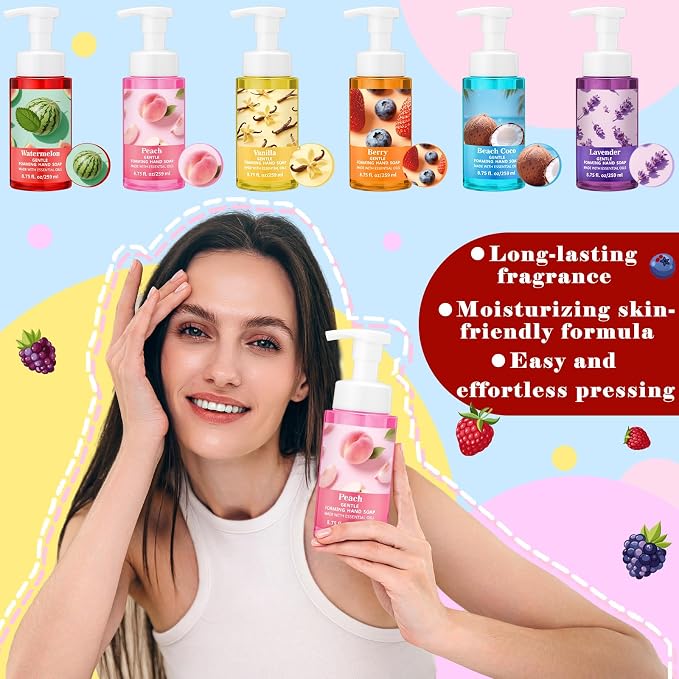 6 Pack Foaming Hand Soap with Pump Care Moisturizing Liquid Fruity Scented Foam Hand Wash Teacher Appreciation Gift Bulk Mother's Gift for Kitchen Bathroom Family Nurse Doctor Employee 8.75 Fl. oz