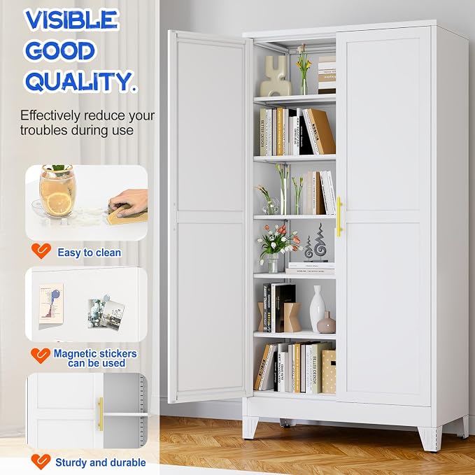 GAIOUS 79" Tall New Update Kitchen Pantry Cabinet, Metal Storage Cabinet | with 2 Doors and 5 Adjustable Shelves, Steel Cupboard for Kitchen Dining Bathroom Bedroom, White, Freestanding, Wider Deeper