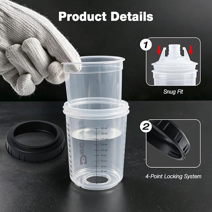 6 oz Disposable Paint Cups, 30 Mini Paint Cups with Lids and Liners | 125-Micron Filter, 2 Hard Cup with Retainer Ring, 20 Plugs, 1 Stirrer, 1 Seal Tape, Kit for HVLP/LVLP Spray Gun