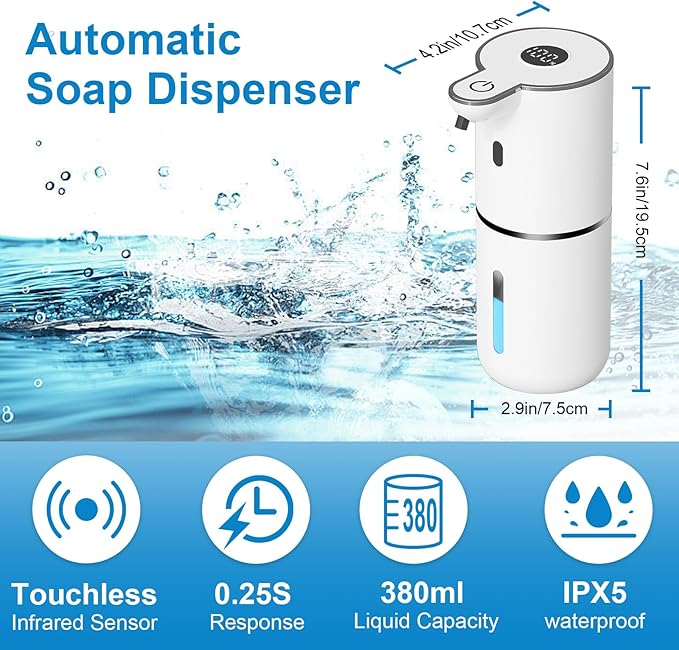 OHIFAST 2 Pack Automatic Foaming Soap Dispenser Touchless, USB Rechargeable Smart Hand Soap Dispenser, 6-Level Adjustable, 12.8oz/380mL Wall Mount for Bathroom Kitchen Dish Soap-White