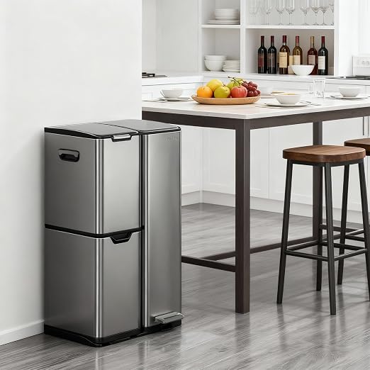 mVm 16 Gal 3 in 1 Kitchen Trash Can, Triple Compartment Garbage Can, Heavy Duty Anti Fingerprint Brushed Recycling Bin for Office Home