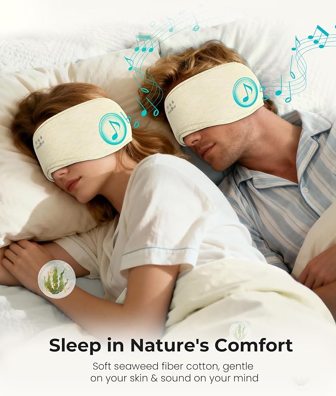 MUSICOZY Bluetooth 5.4 Sleep Headphones Eye Mask with Seaweed Fiber Cotton, Ultra Soft Fully Wrapped Sleep Mask with Headphones for Side Sleepers, 14 Hours Playtime, Gifts for Men Women, Beige