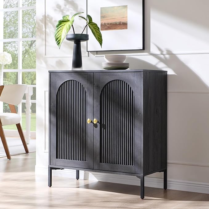 IFGET 34" Tall Modern Arch Sideboard Buffet Cabinet with Storage, Dark Grey | Fluted Arched Sideboard Cabinet w/Adjustable Shelves, Wood Modular Kitchen Cabinet for Dining& Living Room, Entryway