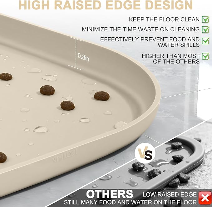 SMILOOL Waterproof Silicone Pet Food Mat with Raised Edge for Dog & Cat | 22" x 14" Non-Slip Pet Feeding Mats with Lip for Food & Water Bowl, Food Grade, Easy Cleaning, Beige