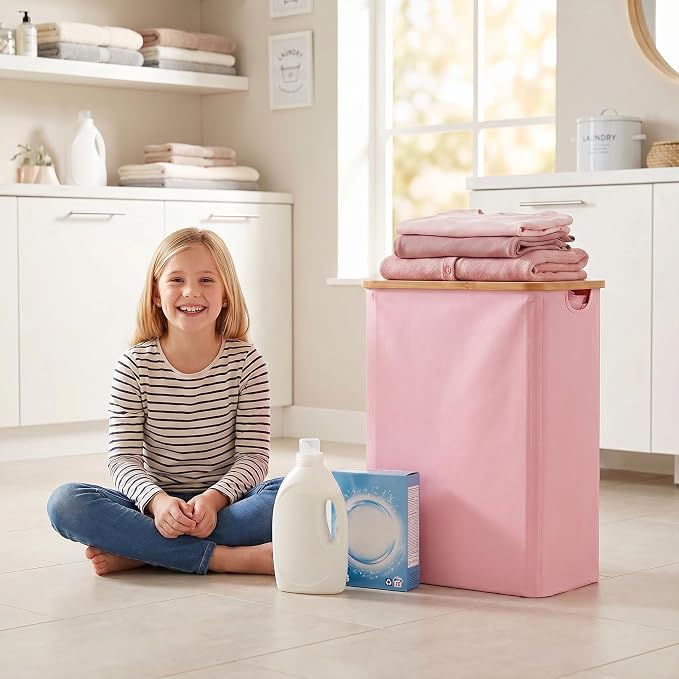 iEGrow Laundry Hamper with Lid, 110L Large Laundry Basket with Handle and Lid, Collapsible Clothes Basket Organizer with Removable Inner Bag for Clothes Towels,Pink
