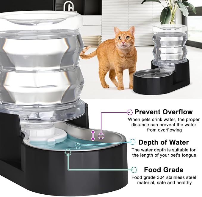 RIZZARI 4L Gravity Cat Water Dispenser: Filtered Hydration for Indoor Cats | Activated Carbon Filter / Stainless Steel Bowl / Apartment Friendly / Bedroom & Kitchen Use / Easy Cleaning/Helps Reduce Odor