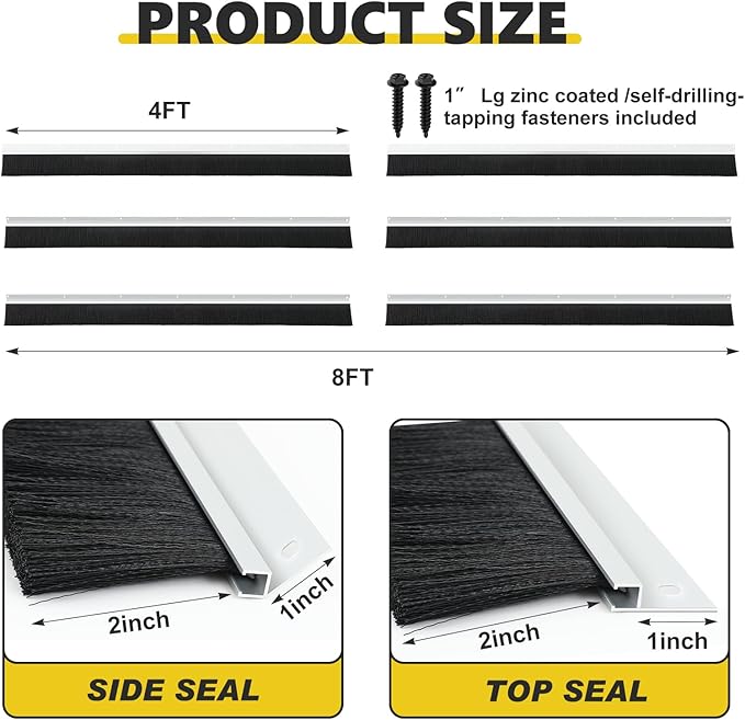 DoubleFill 8 x 8 ft Garage Door Brush Seal Kit, 2 Inch Roll up Door Seal with Aluminum Track, Heavy Duty Nylon Brush for Commercial Doors, Warehouse Barn, Energy Saving, Pest Proof, Black