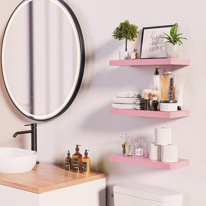 BAYKA Pink Floating Shelves for Wall Set of 3, 15.7in Wood Wall Shelves for Bathroom, Bedroom, Living Room Decor Organize, Hanging Shelf for Books/Storage/Display with 22lbs Capacity