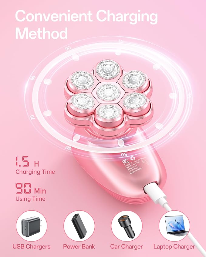 5-in-1 Electric Razors for Women, 7D Magnetic Heads Full Body Shaver, Waterproof Wet Dry Hair Remover with LED Display, Rechargeable Bikini Trimmer for Underarms, Face, Legs, Lips, Arms (Pink)