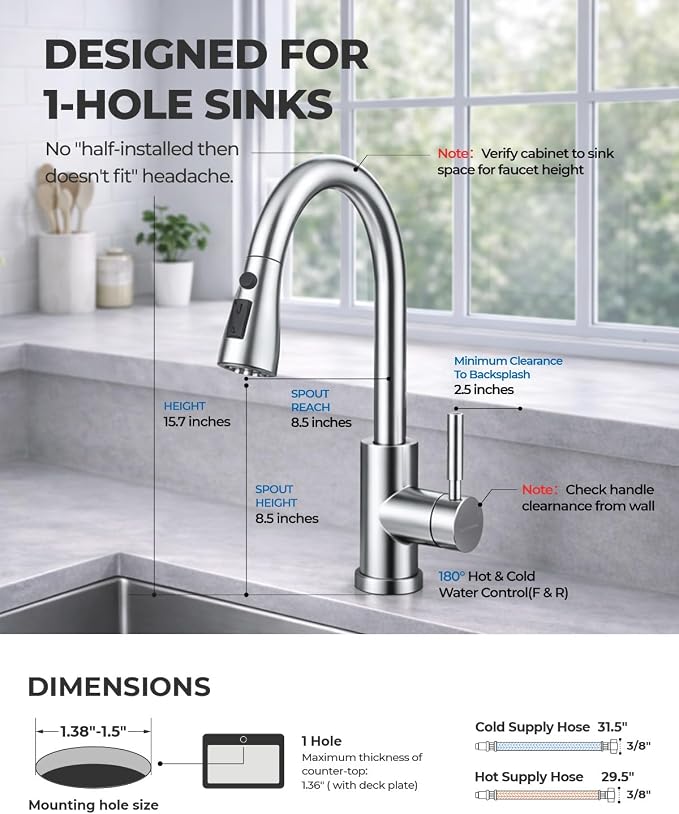 WEWE Kitchen Faucets with Pull Down Sprayer, Stainless Steel Single Handle 1 Hole for Family Kitchen Commercial Camper Laundry Rv Bar, Polished Chrome