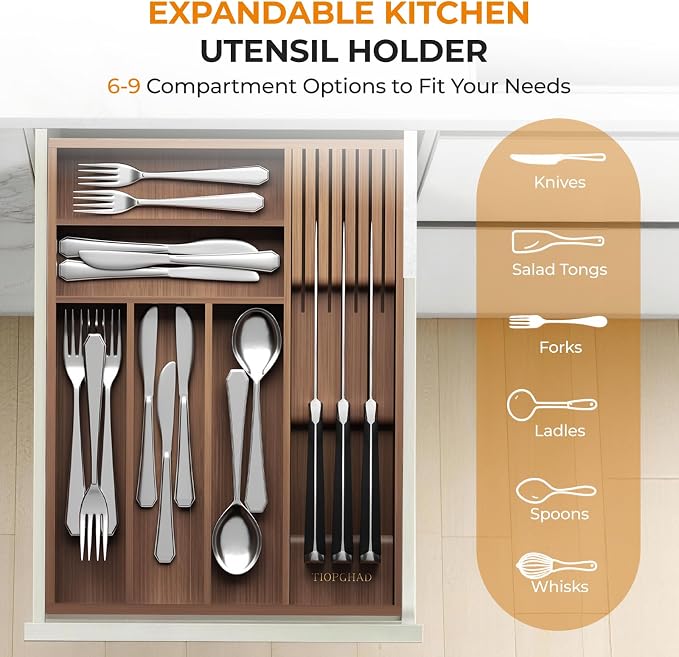 TIOPGHAD Small-Bamboo-Silverware-Drawer-Organizer, Expandable Utensil Kitchen Cutlery Tray Flatware Organization Wood Tableware Dividers Storage (with Removable Knife Block)(Brown)