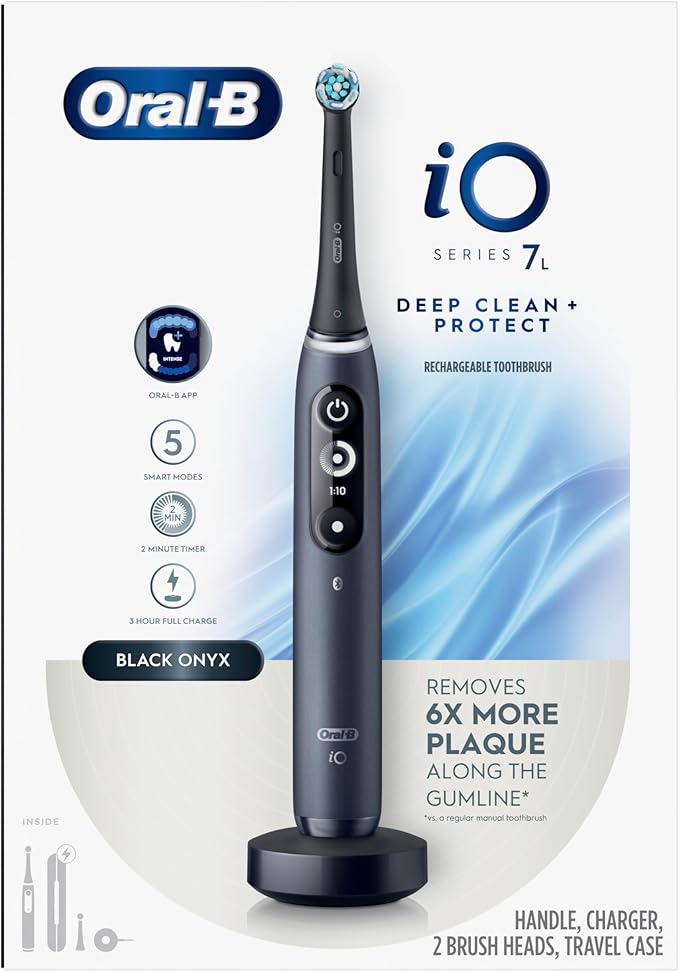 Oral-B iO Deep Clean + Protect Rechargeable Electric Toothbrush, Black, iO Series 7, 2 Replacement Brush Heads, Charging Travel Case (package may vary)