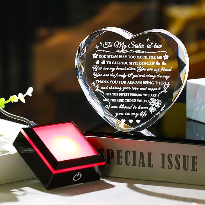 Arikyrist Meaningful Sister in Law Gifts with Colorful LED Base Wedding Birthday Gifts for Sister in Law Heart Crystal Keepsake Gift Ideas for Mother's Day Christmas Thanksgiving
