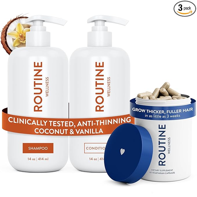 Routine Wellness Hair Thinning System, Anti-Thinning Shampoo & Conditioner Set Coconut & Vanilla + Hair Growth Supplement, Clinically Tested to Support Hair Growth